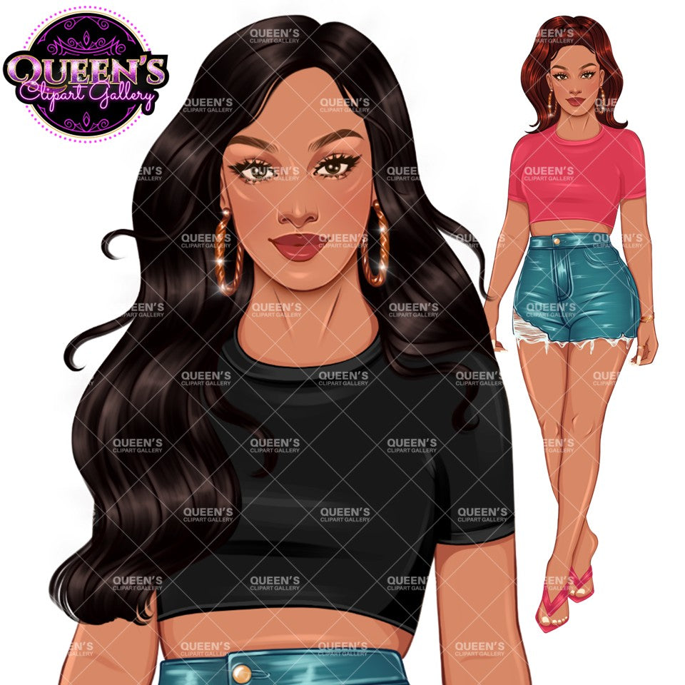 Summer Fashion Woman Clipart | Denim Shorts Woman PNG | Casual Fashion Girl Clipart | Woman Illustration
