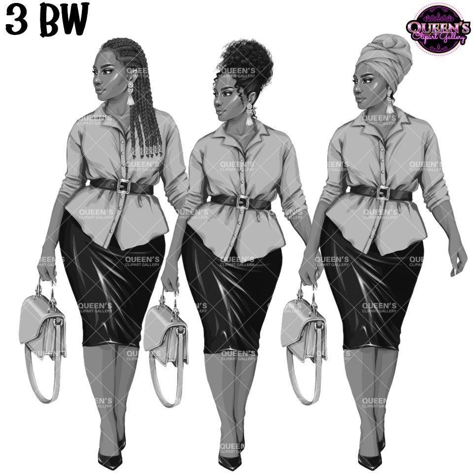 Black and white African American business woman clipart featuring braids, natural hair, headwrap, professional office attire, handbag, and transparent PNG backgrounds.