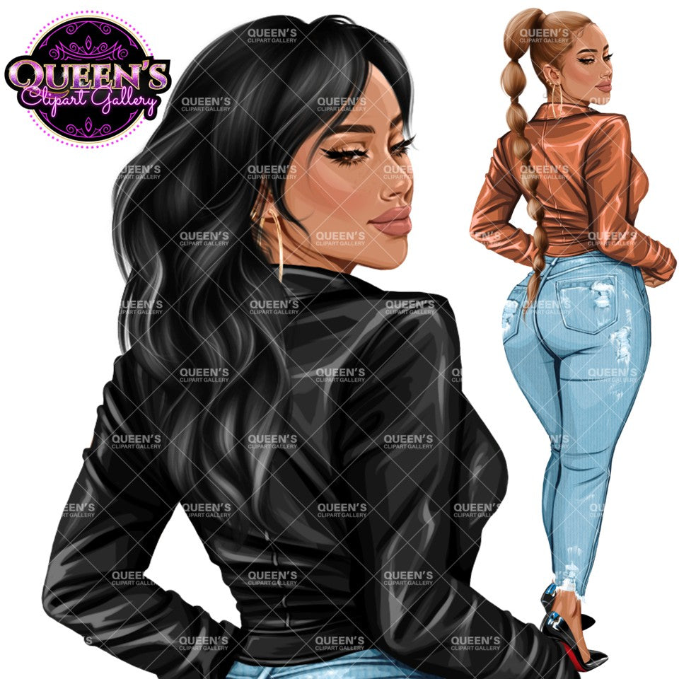 Fashion woman clipart PNG featuring a stylish rear view woman with 2 hairstyles, 4 hair colors, 5 jacket color variations, transparent backgrounds, and black and white versions.