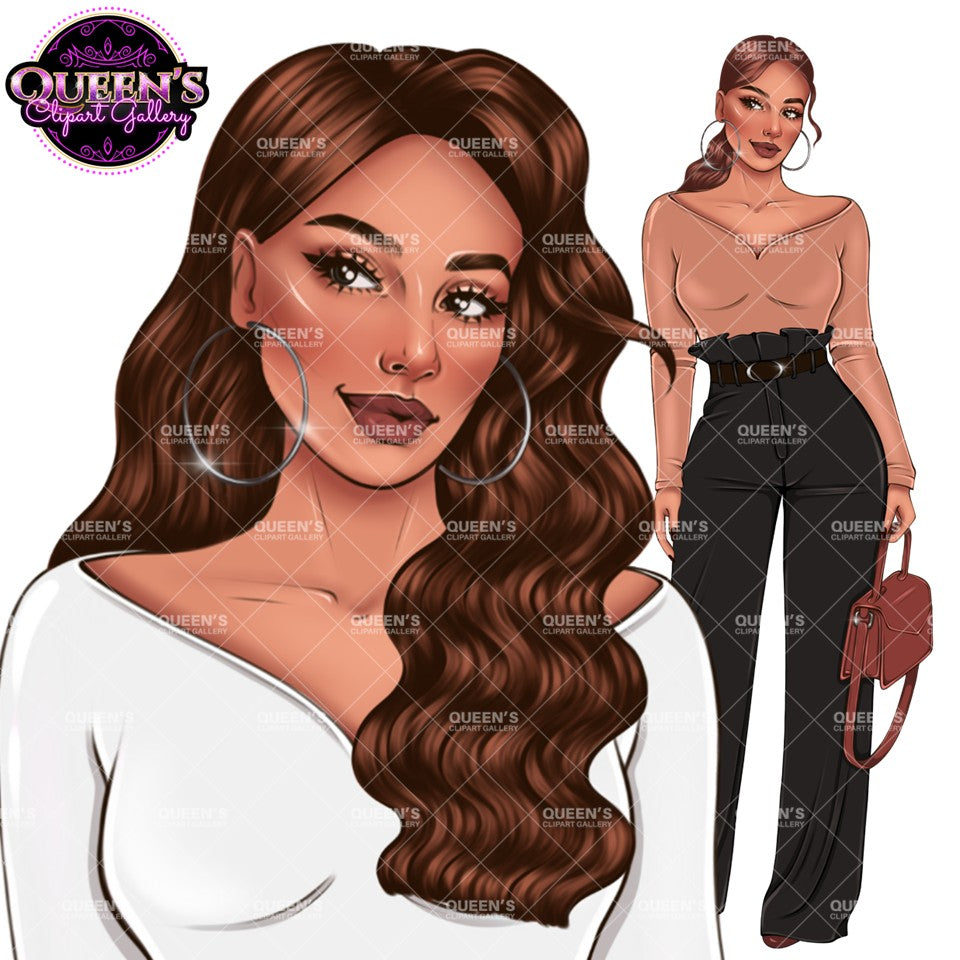 Stylish fashion woman clipart featuring long wavy brown hair, white top, black wide leg pants, hoop earrings, handbag, and transparent background