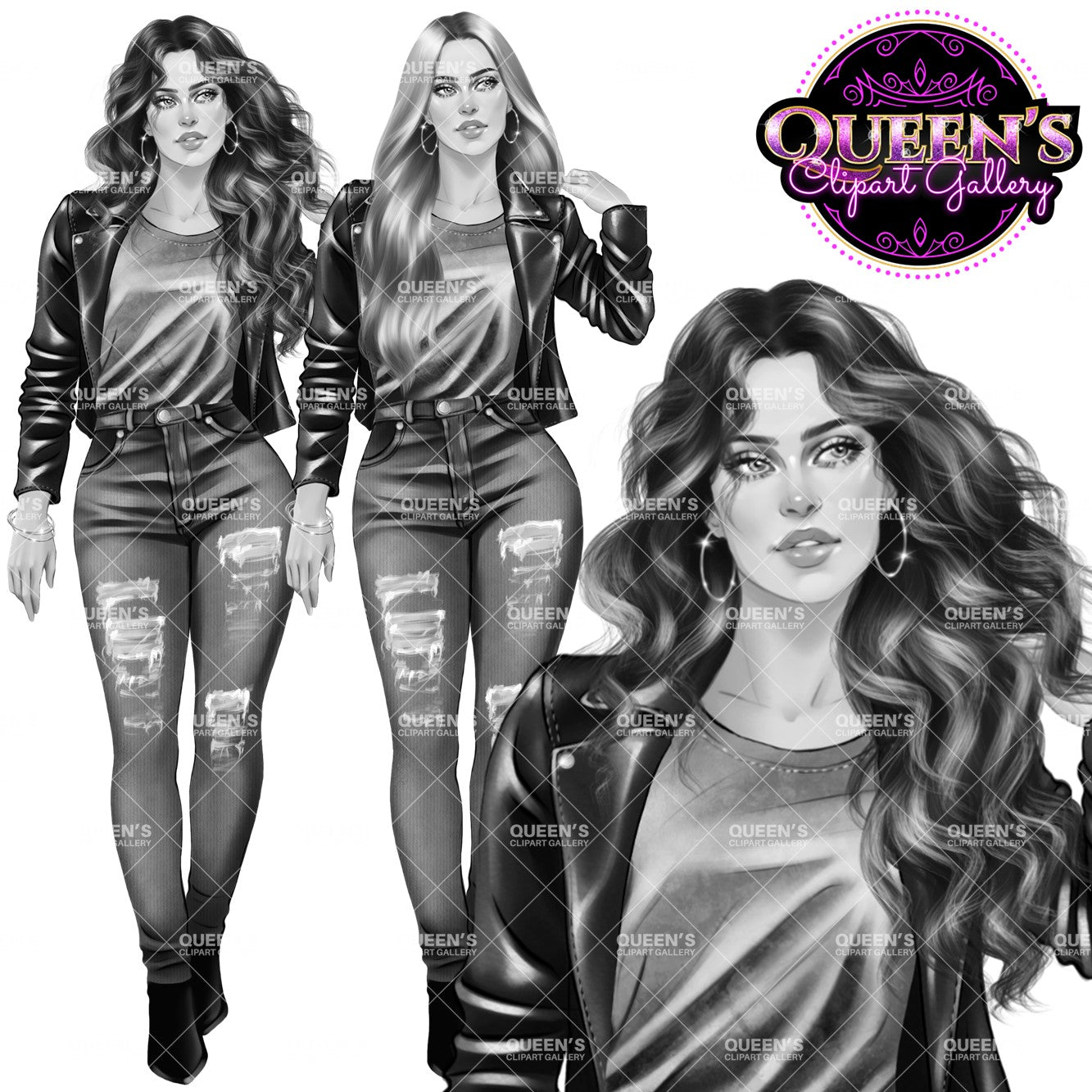 Curvy denim girl, Jeans girl clipart, Curvy girl, Woman clipart, Fashion girl clipart, Girl boss clipart, Fashion woman, Leather jacket