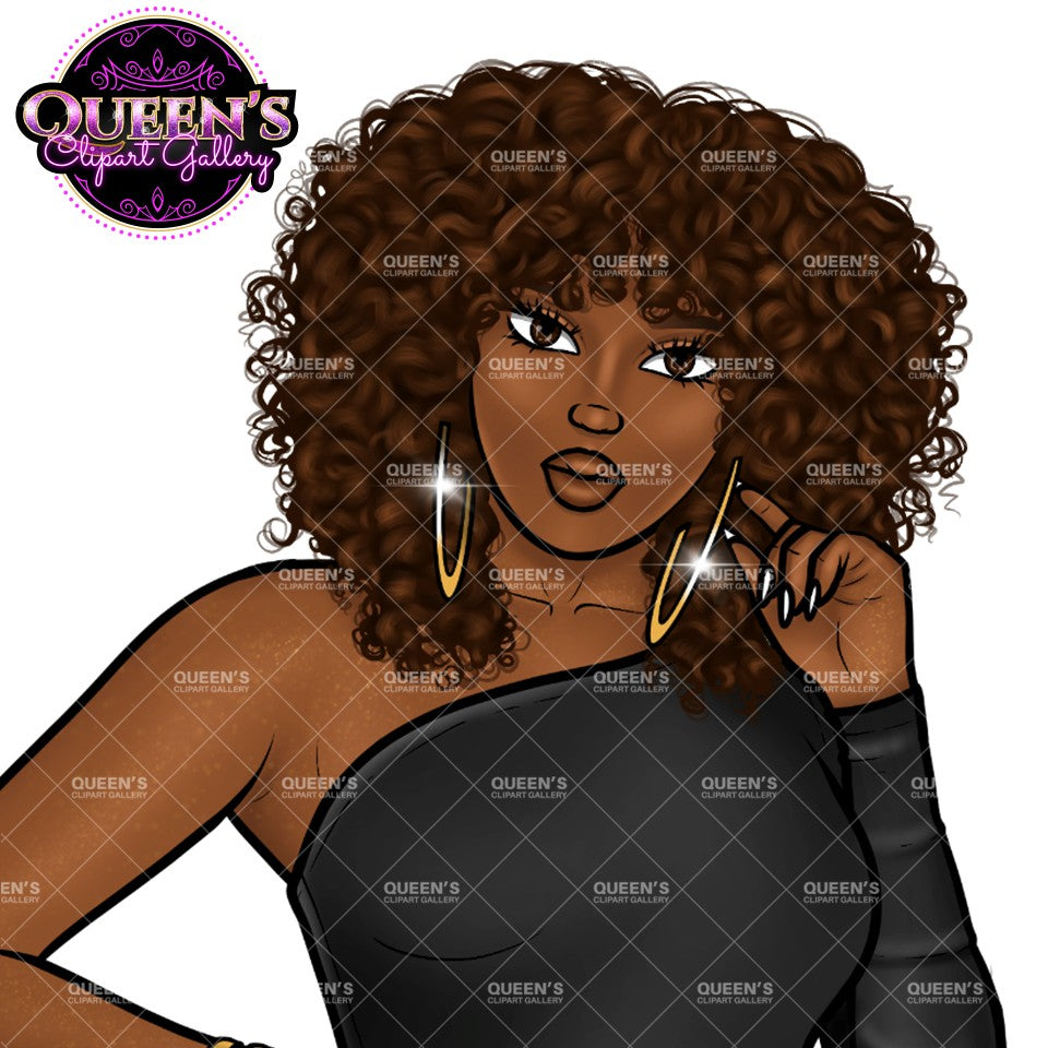 Plus size Black woman fashion clipart featuring curly brown hair, black one shoulder dress, hoop earrings and transparent background