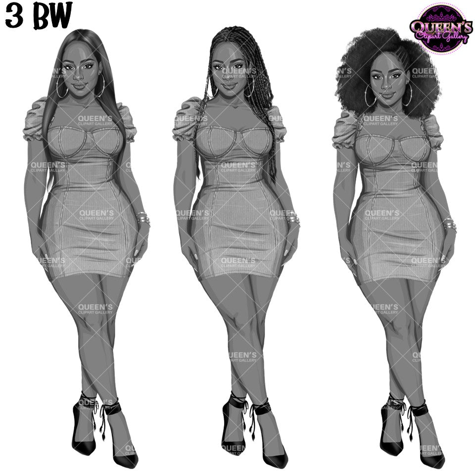 Dress clipart PNG featuring a stylish greyscale African American woman in a fitted mini dress with multiple hairstyles and transparent backgrounds. Perfect for planners, websites, digital designs, social media, and commercial projects.