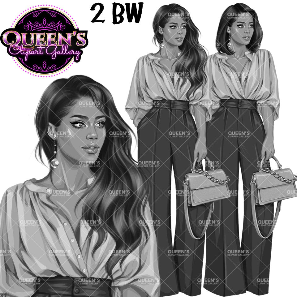 Black and white professional woman clipart with long wavy and short bob hairstyles, wide leg pants and fashionable handbag, transparent background PNG.