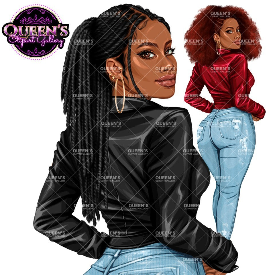 Fashion woman clipart PNG featuring a stylish rear view woman with 2 hairstyles, 4 hair colors, 5 jacket color variations, transparent backgrounds, and black and white versions.