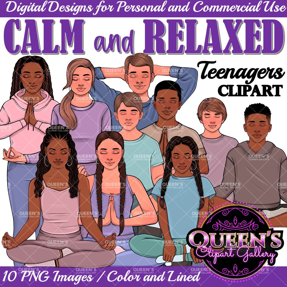 Relaxed High School Teenagers | Calm Teenagers Clipart | Mindfulness Teens Clipart | Yoga Clipart | Mental Health Clipart | Fitness Clipart