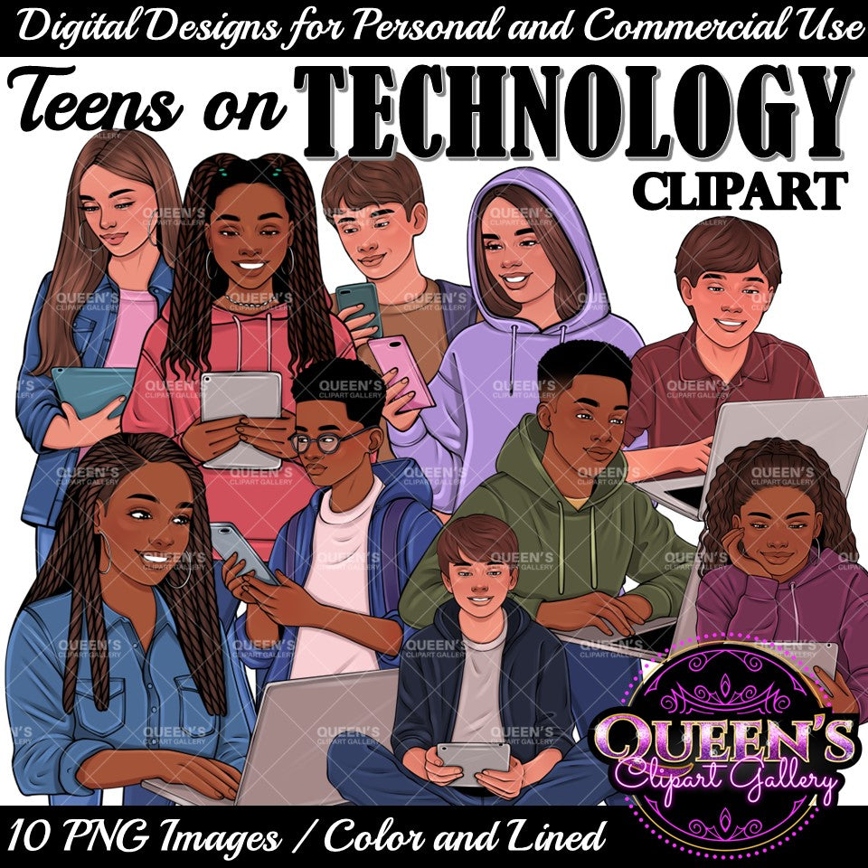 Teens on Technology Clipart, Technology Clipart, Teenagers Clipart, High School Students, Teenagers in School, Computer Clipart, Phone