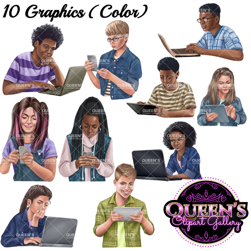 Teens on Technology Clipart, Technology Clipart, Teenagers Clipart, High School Students, Teenagers in School, Computer Clipart, Phone