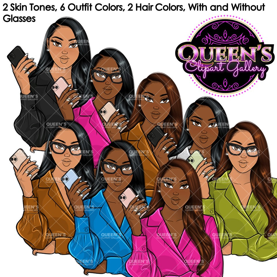 Fashion Clipart | Black Girl Magic Clipart | Black Girl Clipart | Afro Girl Clipart | Afro Woman | Phone Clipart | Cellphone | Stickers