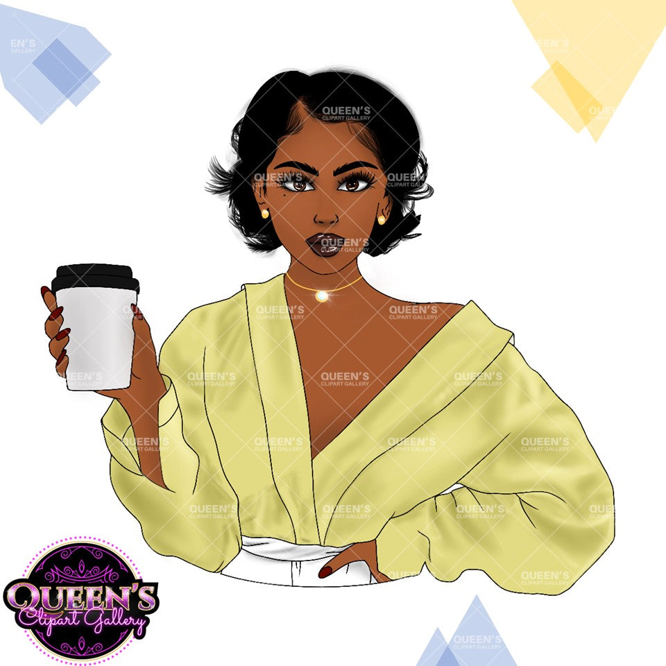 Afro girl clipart | Black woman clipart | Black girl magic | Fashion clipart | Woman drinks coffee | Black girl | Relax at home | Coffee