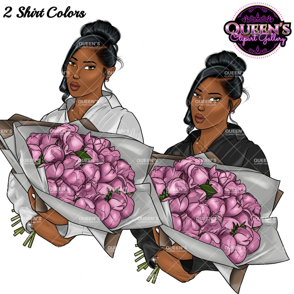 Woman With Flowers Clipart, Mother's Day Clipart, Fashion Girl Clipart, Flowers Clipart, Roses Clipart, Black Woman Clipart, Afro Woman