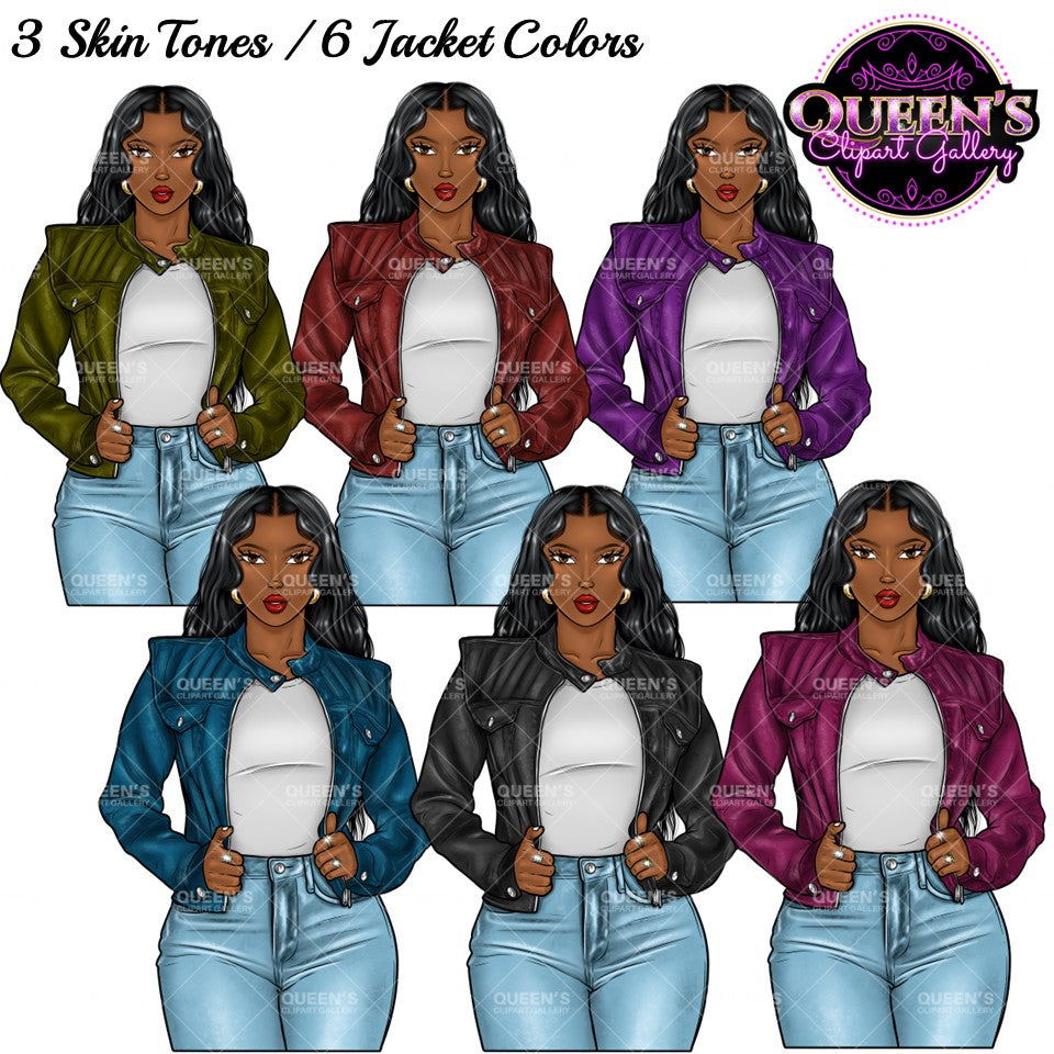 Afro Girl Clipart, Afro Woman in Leather Jacket Clipart, Fashion Girl Clipart, Fashion Illustration Clipart, Black Girl Magic, Girl Boss