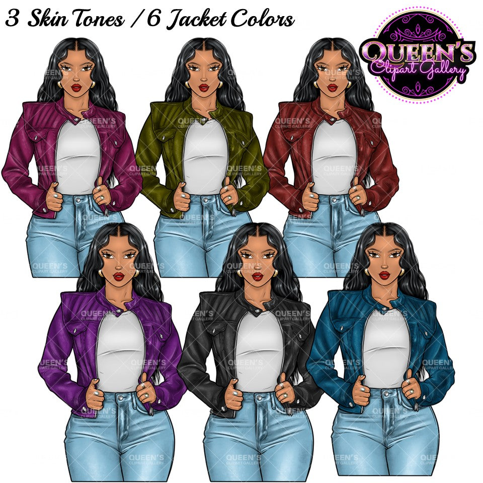 Afro Girl Clipart, Afro Woman in Leather Jacket Clipart, Fashion Girl Clipart, Fashion Illustration Clipart, Black Girl Magic, Girl Boss
