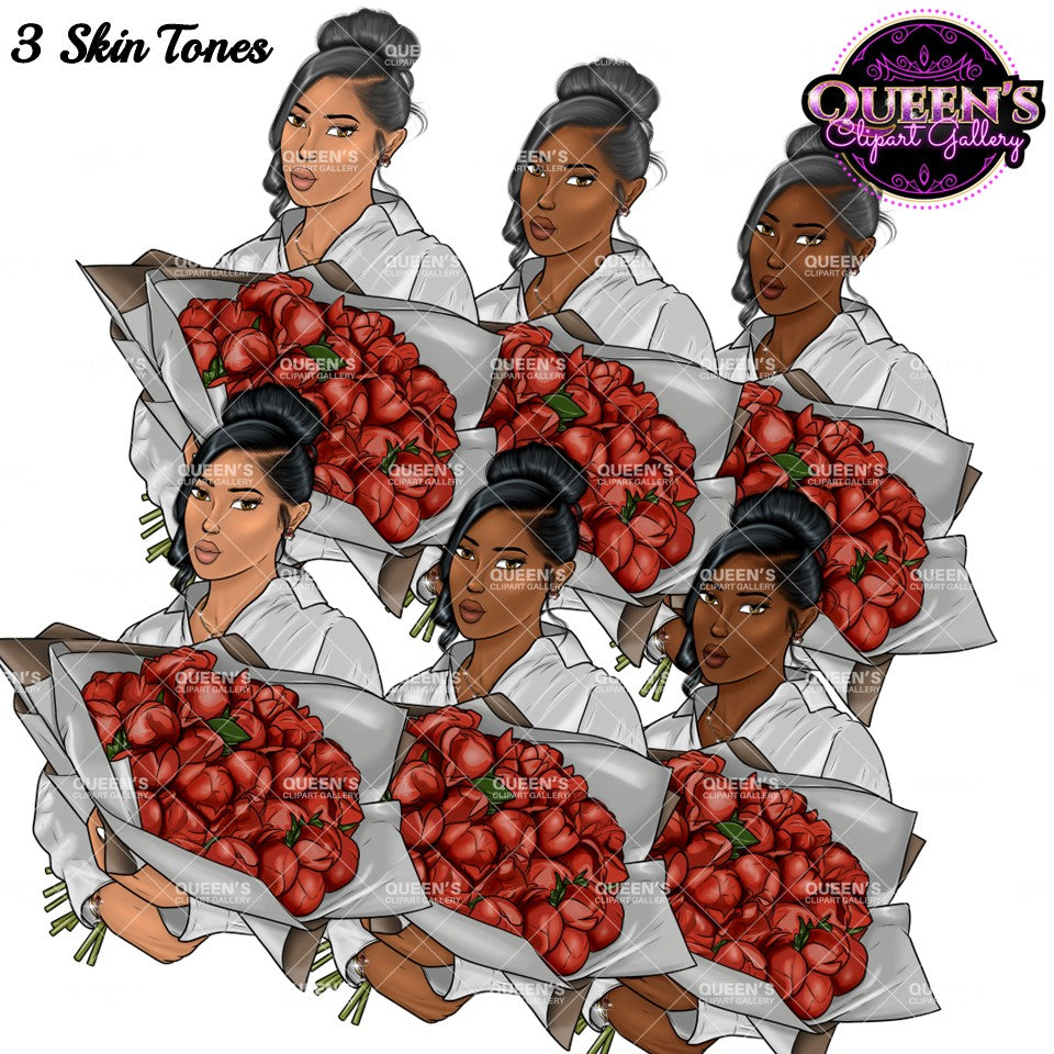 Woman With Flowers Clipart, Mother's Day Clipart, Fashion Girl Clipart, Flowers Clipart, Roses Clipart, Black Woman Clipart, Afro Woman