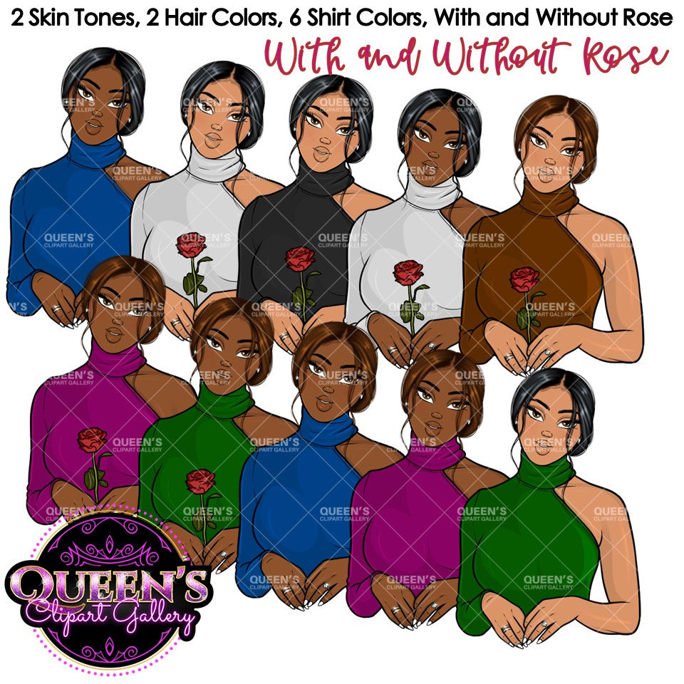 Fashion Clipart | Black Girl Magic Clipart | Black Girl Clipart | Afro Girl Clipart | Afro Woman | Valentine Rose Clipart | Rose Clipart
