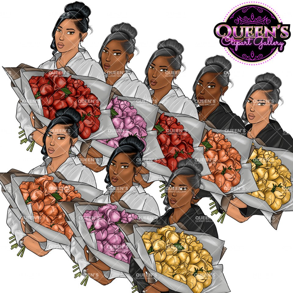 Woman With Flowers Clipart, Mother's Day Clipart, Fashion Girl Clipart, Flowers Clipart, Roses Clipart, Black Woman Clipart, Afro Woman