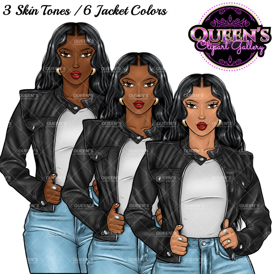 Afro Girl Clipart, Afro Woman in Leather Jacket Clipart, Fashion Girl Clipart, Fashion Illustration Clipart, Black Girl Magic, Girl Boss