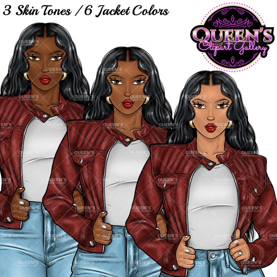 Afro Girl Clipart, Afro Woman in Leather Jacket Clipart, Fashion Girl Clipart, Fashion Illustration Clipart, Black Girl Magic, Girl Boss