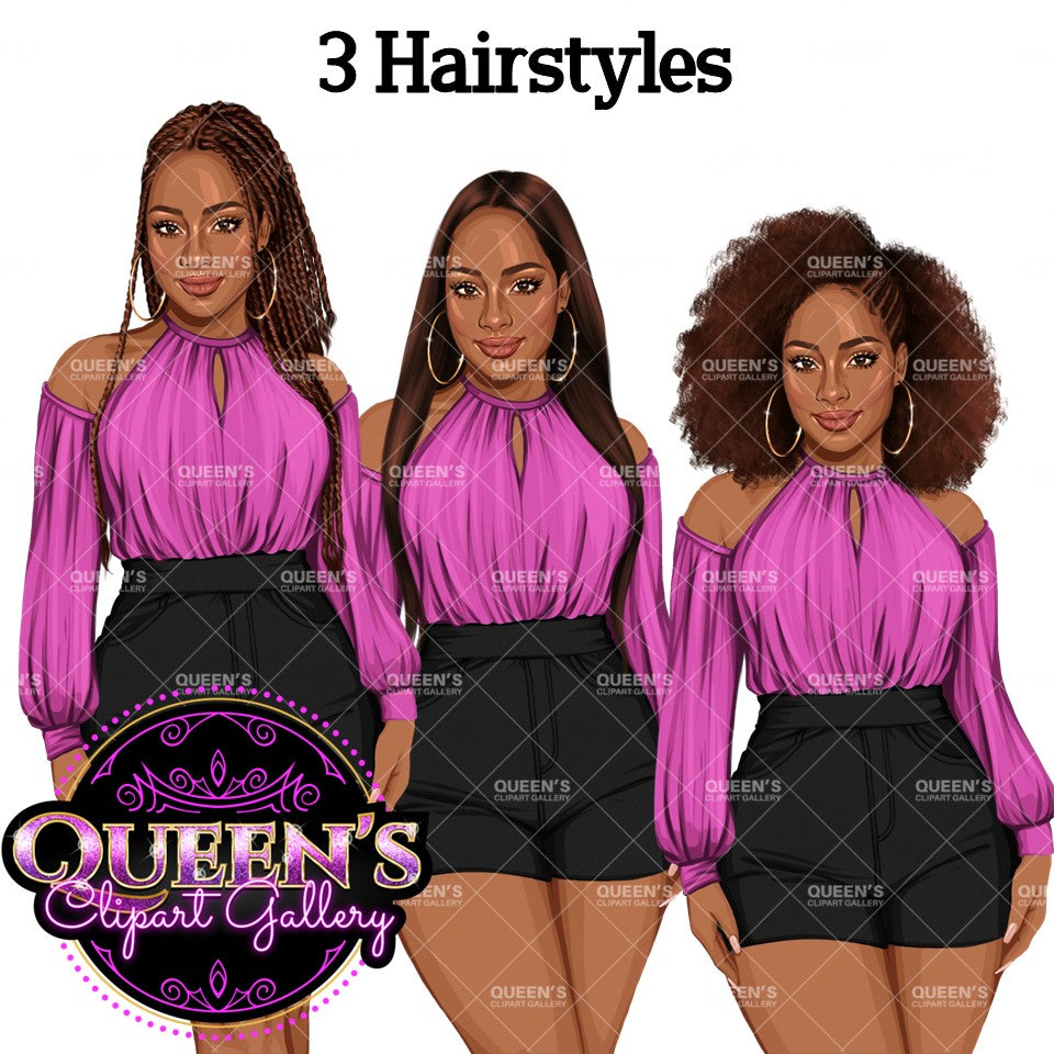 Girl boss | Lady boss | Afro girl clipart | Fashion girl clipart | Fashion illustration | Curvy girl | Woman in shorts | African American Woman