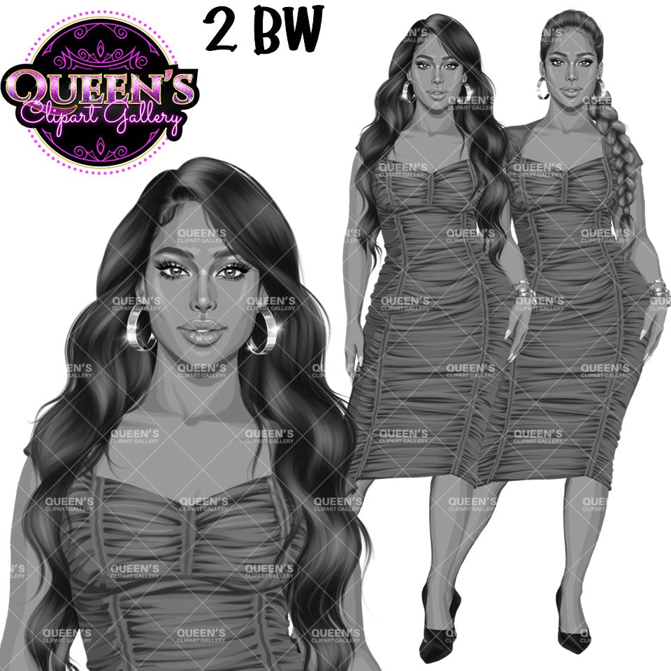 Black and white woman clipart featuring elegant female characters in fitted dresses with long wavy and braided hairstyles.
