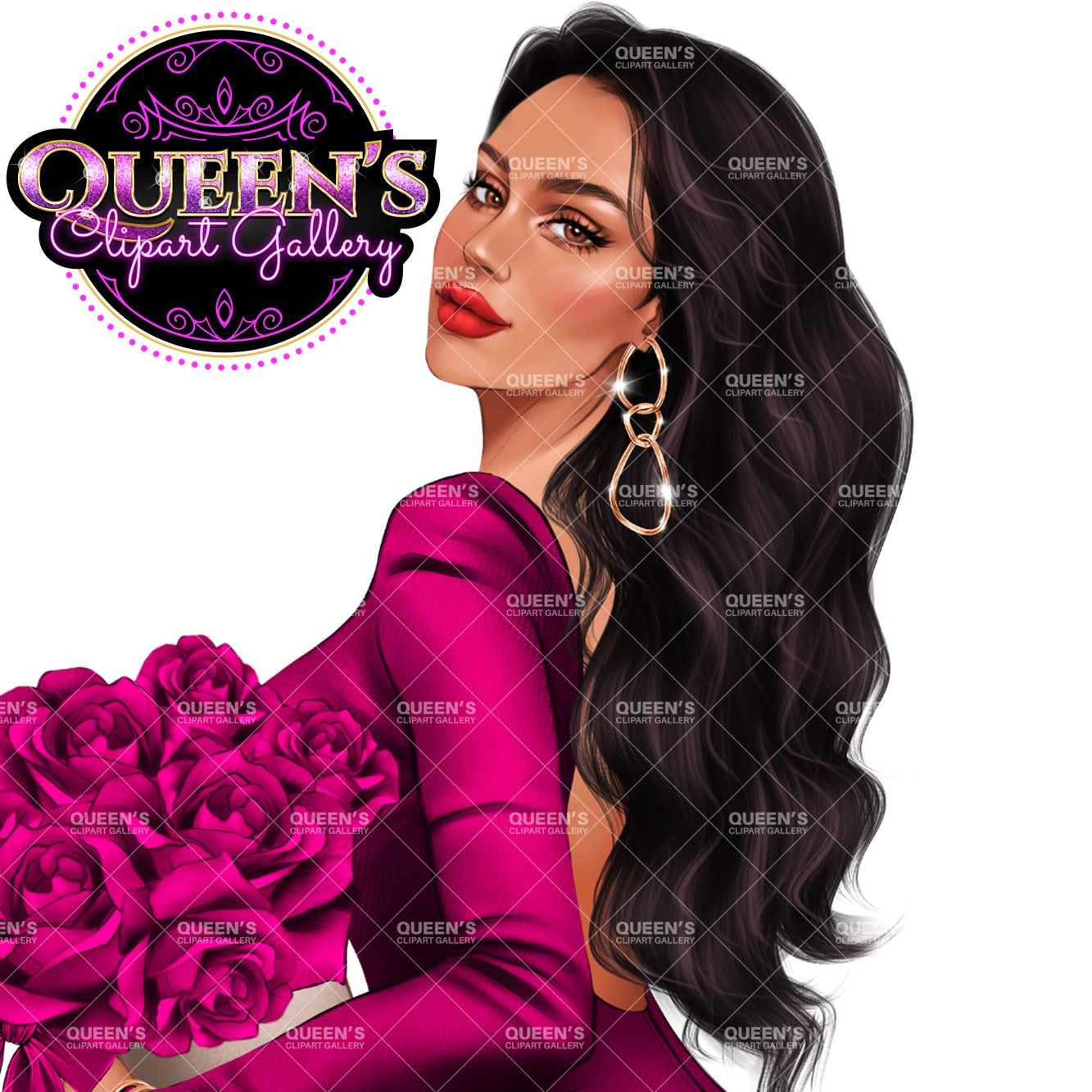 Valentine's Day clipart, Red roses clipart, Woman in red dress, Love clipart, Fashion girl clipart, Fashion illustration, Valentine roses