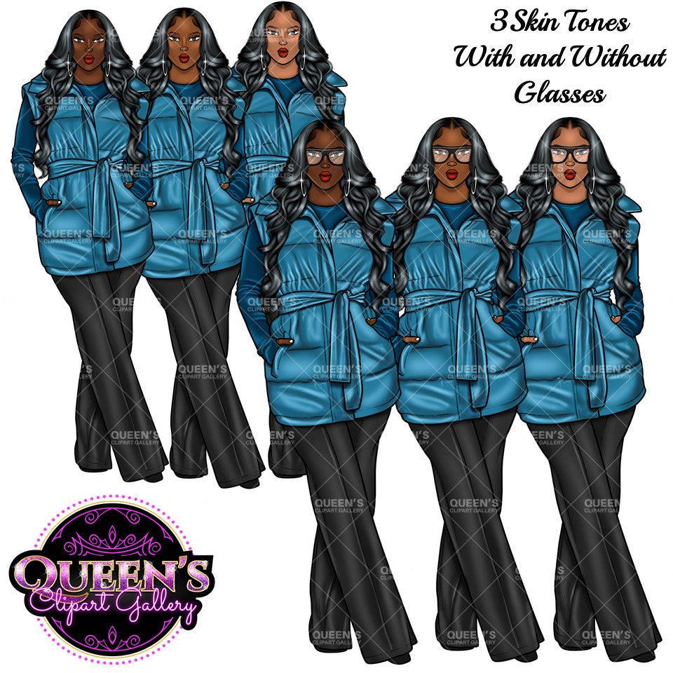 Fashion Girl Clipart, Black Girl Clipart, African American Clipart, Afro Girl Clipart, Girl Boss, Woman in Coat, Winter Clipart, Cozy wear