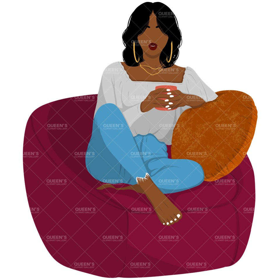Afro woman sitting on sofa, Afro girl clipart, Black woman, Black girl magic, Fashion girl clipart, Relax at home, Coffee girl, Flat Clipart