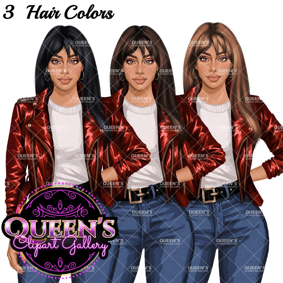 Denim Jeans Girl, Jeans Girl Clipart, Fashion Girl Clipart, Fashion Clipart, Woman in Leather Jacket, Curvy Girl Clipart, Denim Girl Clipart