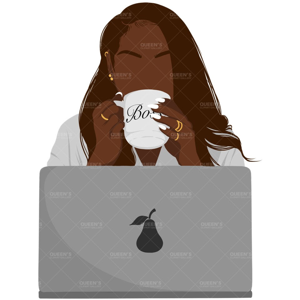 Flat clipart, Woman with Laptop, Afro girl clipart, Black woman clipart, Black girl magic, Fashion girl clipart, Girl boss clipart, Boss Lady