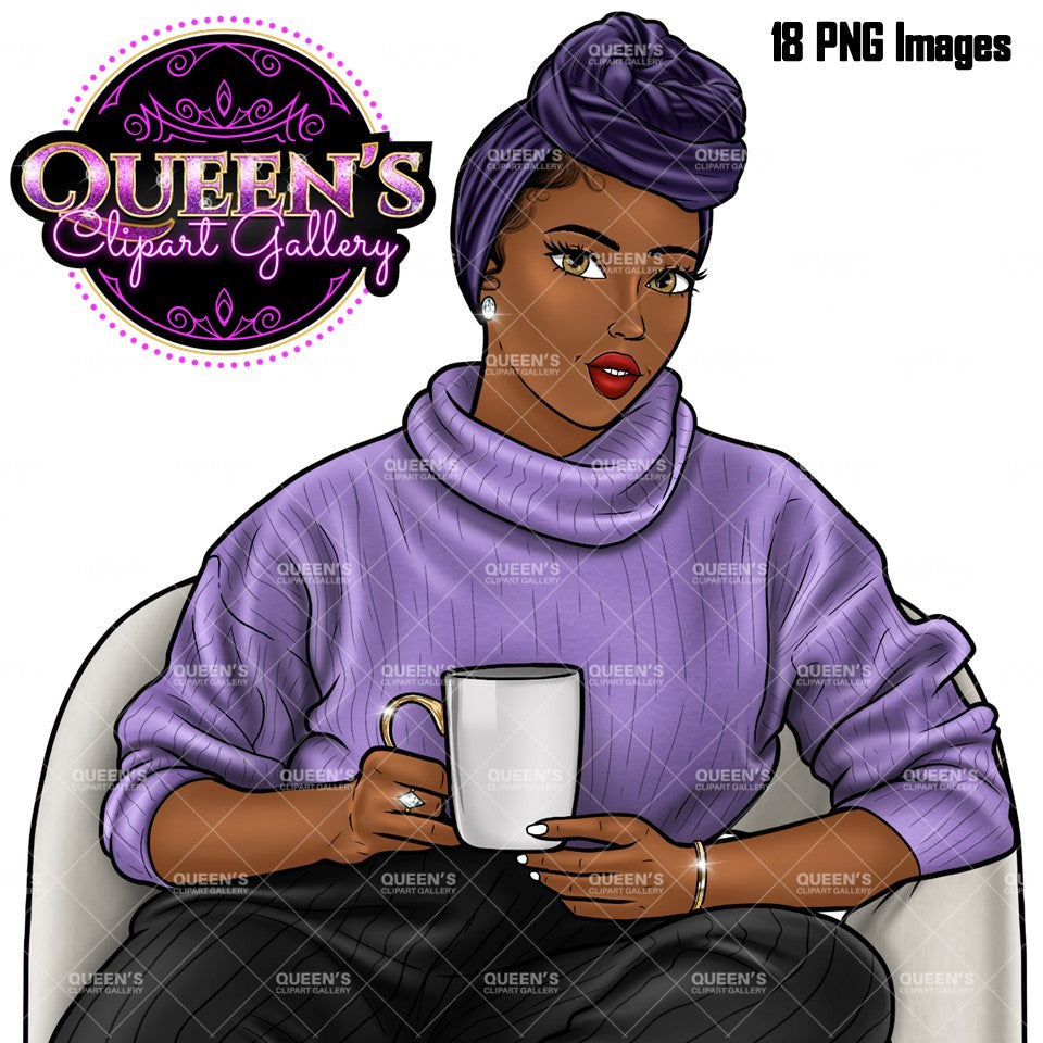 Coffee girl clipart, Curvy girl clipart, Fashion girl clipart, Cozy Clipart, Relax at home, African American clipart, Afro girl clipart