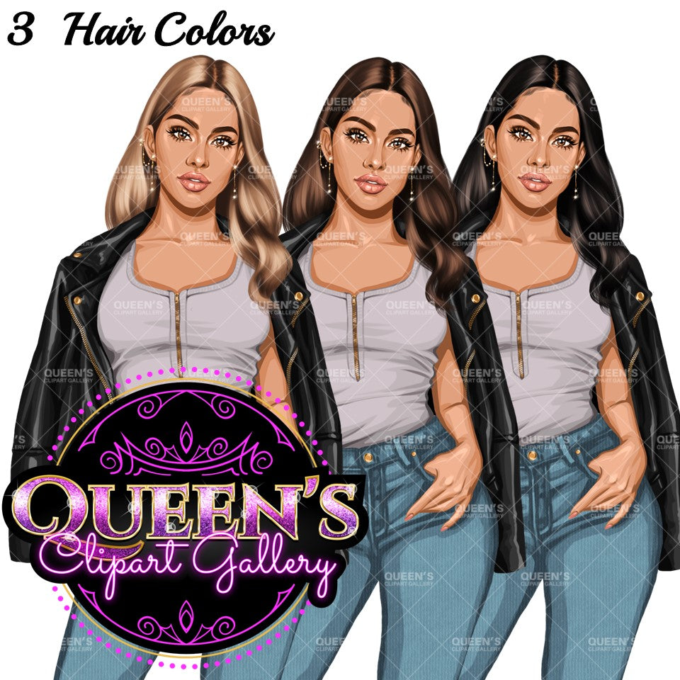 Curvy denim girl, Jeans girl clipart, Curvy girl, Fashion girl clipart, Girl boss clipart, Fashion woman, Woman in leather jacket, Curvy woman