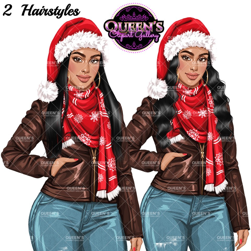 Christmas Girl Clipart, Woman in Santa Hat Clipart, Fashion Girl Clipart, Denim Jeans Girl Clipart, Winter Clipart, Girl Boss Clipart, Curvy