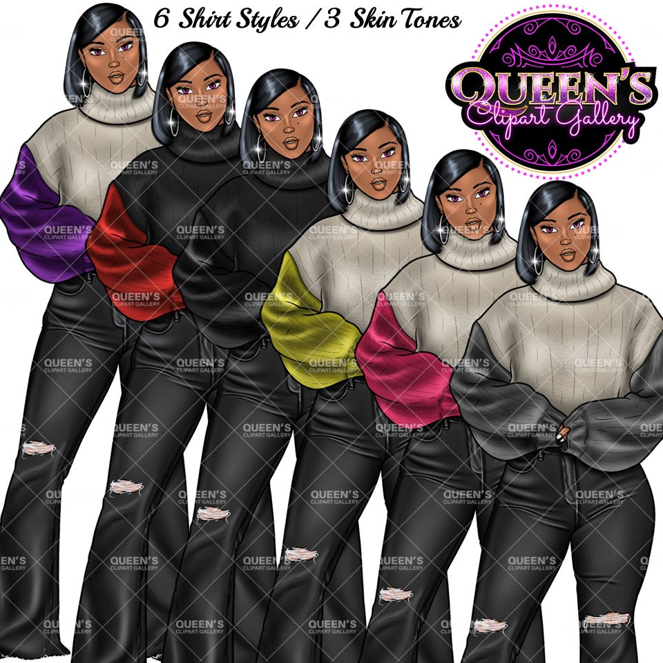 Denim girl clipart, Black girl magic, Fashion girl clipart, African American woman, Afro girl clipart, Girl boss, Winter Clipart, Boss lady