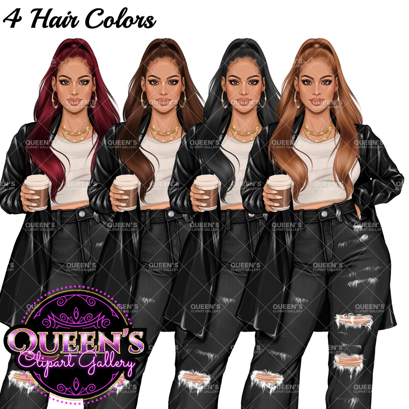 Coffee Girl Clipart, Denim Jeans Girl, Jeans Girl, Lady Boss Clipart, Fashion Girl Clipart, Jeans Girl Clipart, Woman in Leather Jacket