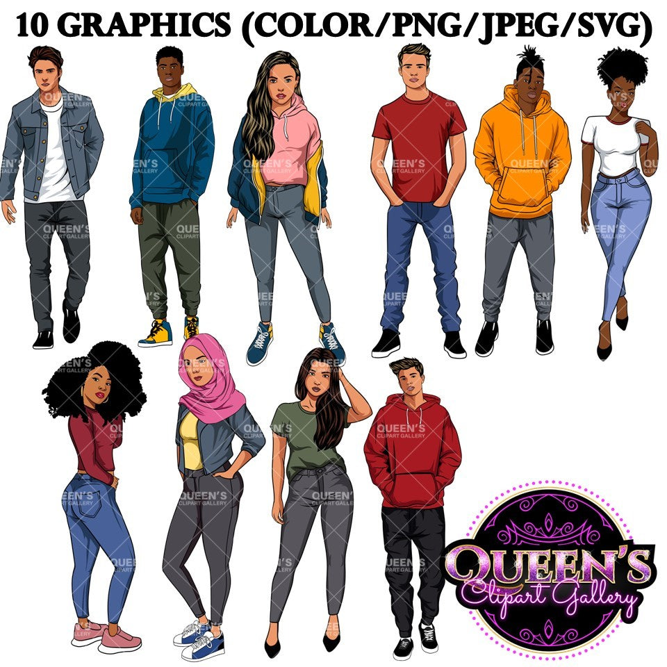 Teenagers clipart, High school students, Older teens, Male Teen Clipart, Female Teen Clipart, Students, Back to School, Teen clipart, Afro