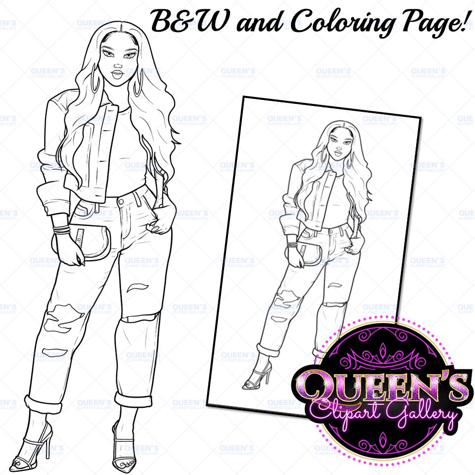 Denim girl clipart, Curvy girl clipart, Fashion girl clipart, Jeans Girl Clipart, African American clipart, Afro girls clipart, Girl Boss