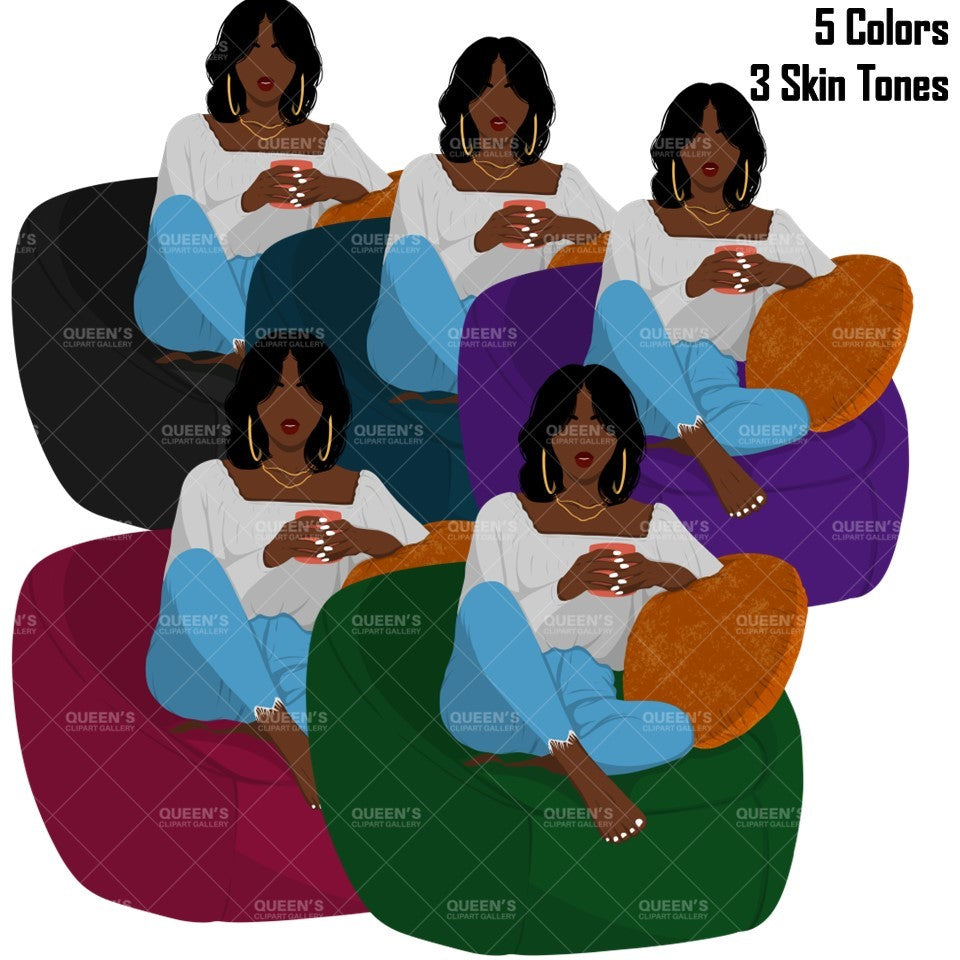 Flat Clipart Bundle, Afro woman drinks coffee, Afro girl clipart, Black woman, Black girl magic, Fashion girl clipart, Relax at home, Coffee girl