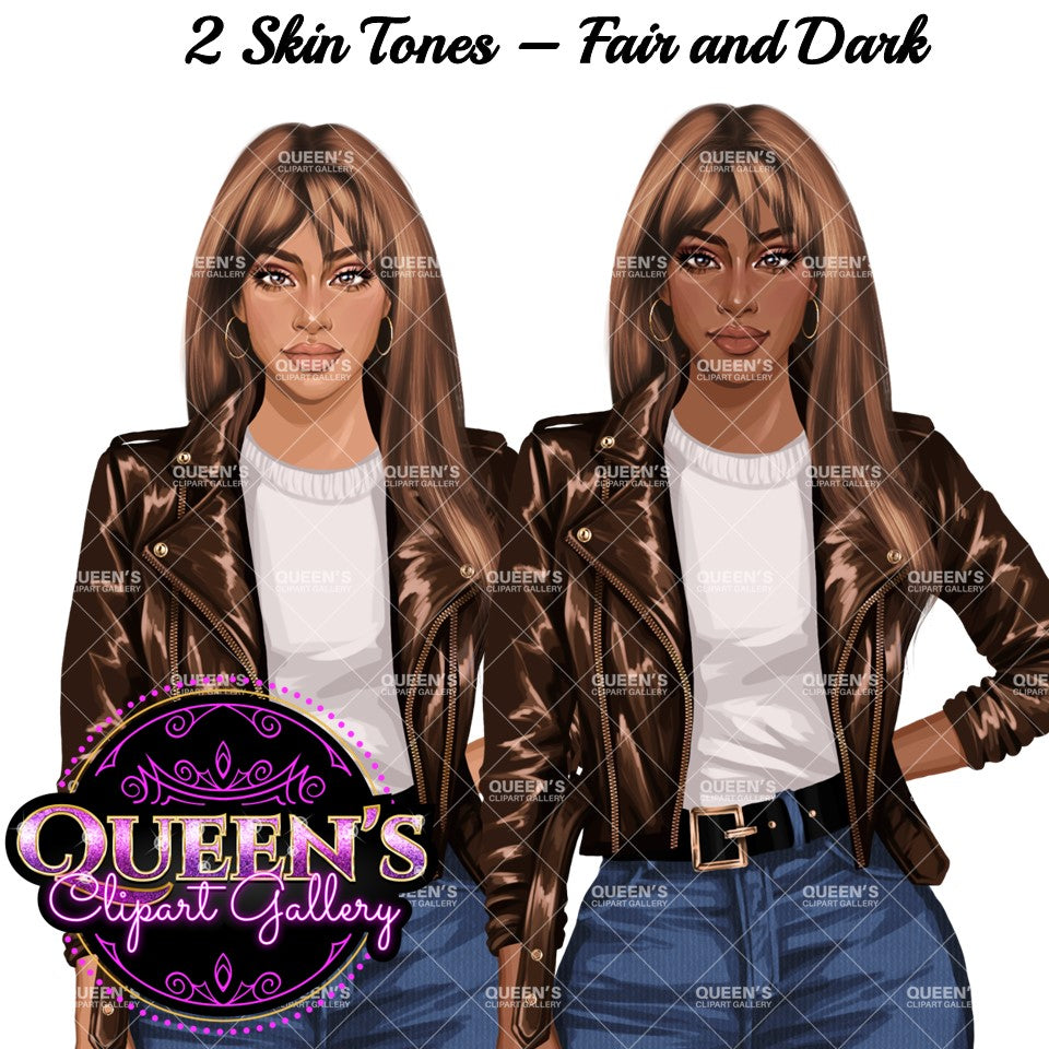 Denim Jeans Girl, Jeans Girl Clipart, Fashion Girl Clipart, Fashion Clipart, Woman in Leather Jacket, Curvy Girl Clipart, Denim Girl Clipart