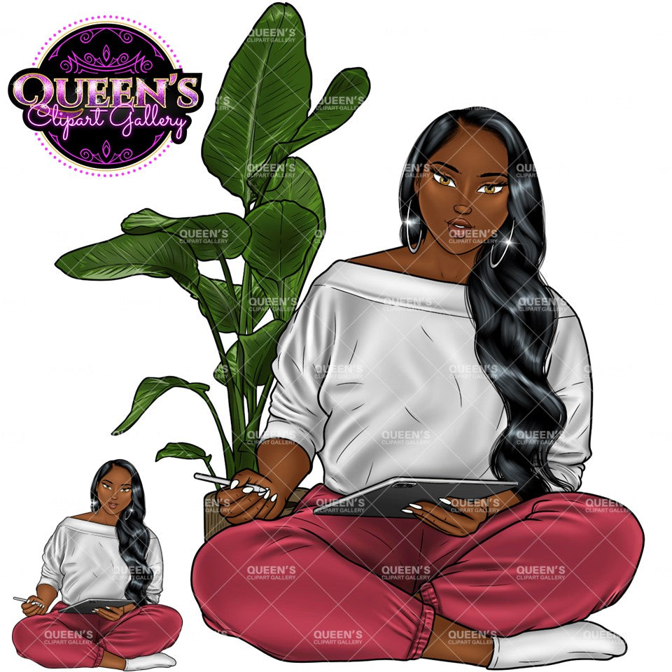 Relax at home, Fashion girl clipart, Cozy Clipart, Mindfulness clipart, African American clipart, Journal writing clipart, iPad clipart