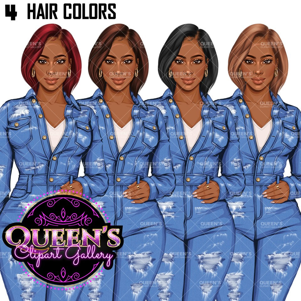 Denim Jeans Girl Clipart, Fashion Girl Clipart, Jeans Girl Clipart, Girl Boss Clipart, African American Woman in Jeans, Jeans Jacket Clipart, Boss Babe