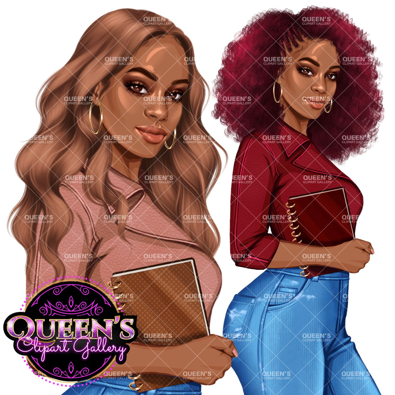 Planner girl clipart, Jeans girl clipart, Afro girl clipart, Fashion girl clipart, Denim jeans girl, Black girl magic African American woman