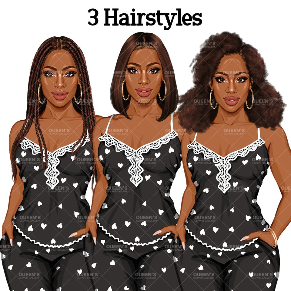 Pajama girl clipart, Afro Woman in Sleepwear, Pajama Illustration, Cozy clipart, Bedtime clipart, Pajama Fashion, Pajama Party, Fashion girl