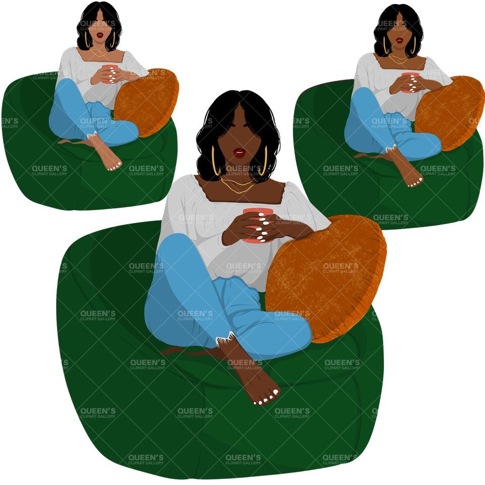 Flat Clipart Bundle, Afro woman drinks coffee, Afro girl clipart, Black woman, Black girl magic, Fashion girl clipart, Relax at home, Coffee girl