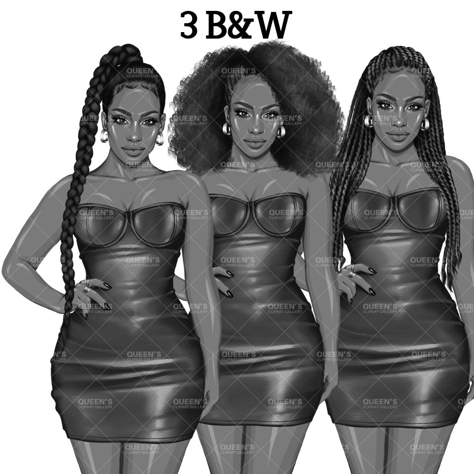 Afro woman in leather dress, Girl boss, Lady boss, African American woman, Fashion girl clipart, Fashion illustration clipart, Curvy girl