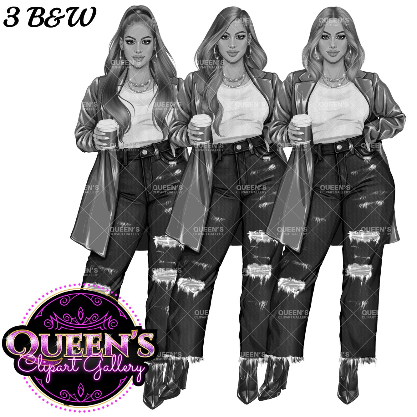 Coffee Girl Clipart, Denim Jeans Girl, Jeans Girl, Lady Boss Clipart, Fashion Girl Clipart, Jeans Girl Clipart, Woman in Leather Jacket