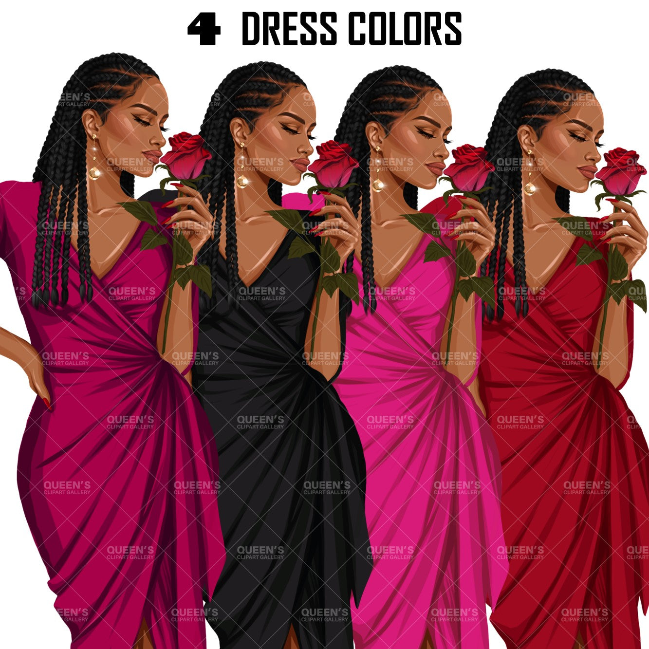 Valentine's Day rose, Afro woman in red dress, Valentine clipart, Fashion Illustration, Fashion girl png, Red rose, Love, Girl boss planner, Love