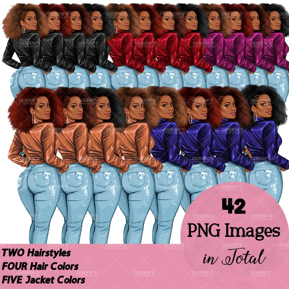 Curvy Denim Girl, Jeans Girl Clipart, Curvy girl, Woman clipart, Fashion girl clipart, Girl boss clipart, Fashion woman, Leather Jacket