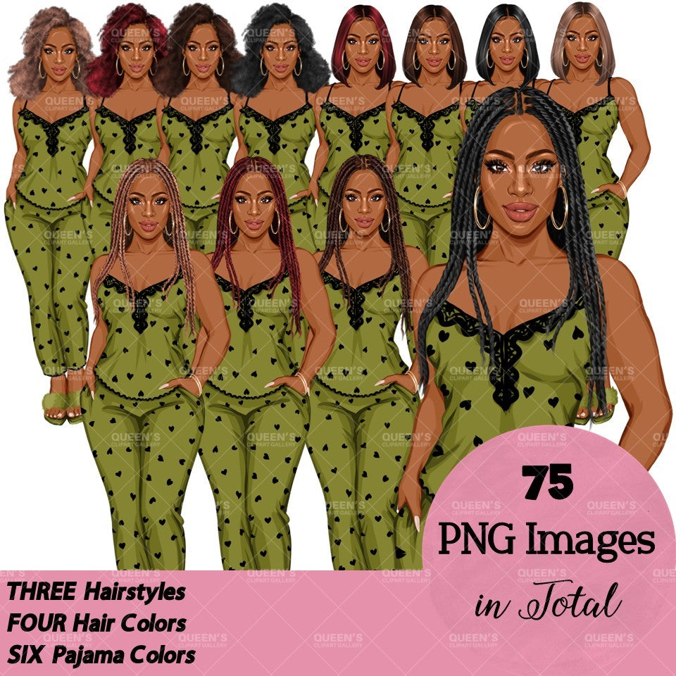 Pajama girl clipart, Afro Woman in Sleepwear, Pajama Illustration, Cozy clipart, Bedtime clipart, Pajama Fashion, Pajama Party, Fashion girl