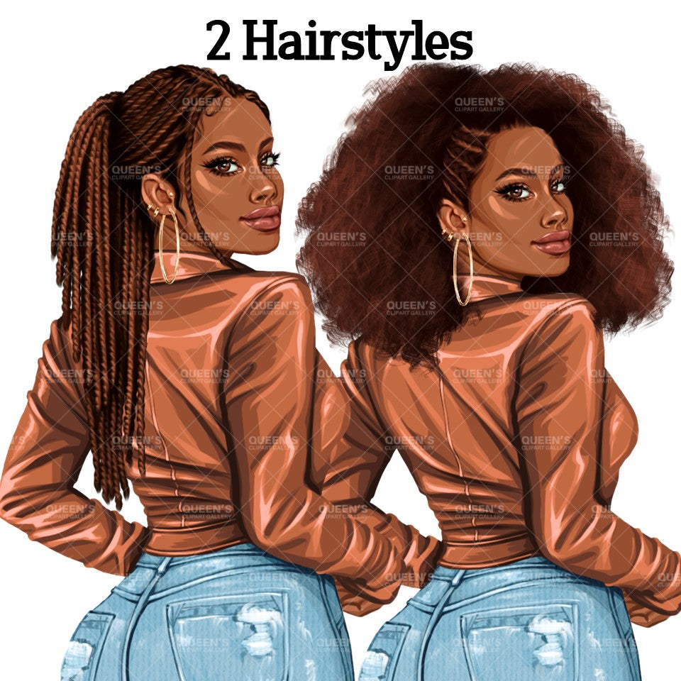 Curvy Denim Girl, Jeans Girl Clipart, Curvy girl, Woman clipart, Fashion girl clipart, Girl boss clipart, Fashion woman, Leather Jacket