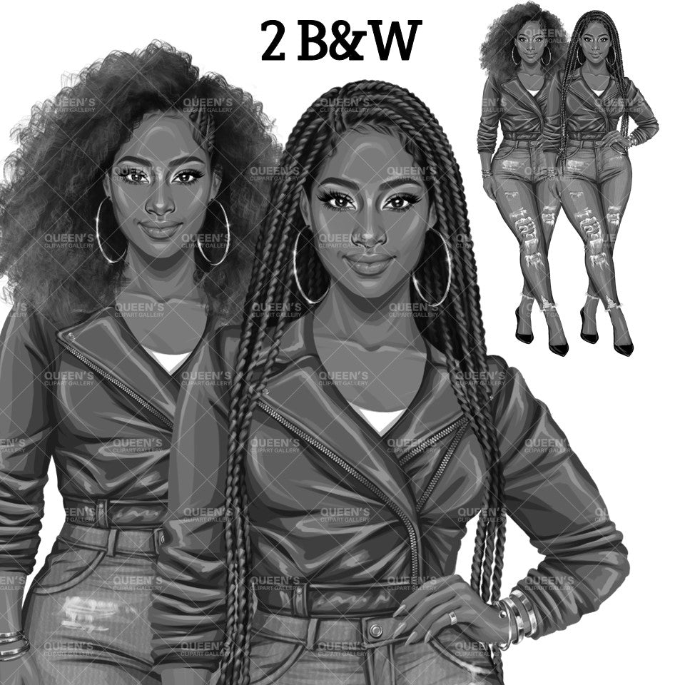Curvy Denim Girl, Jeans Girl Clipart, Curvy girl, Afro Woman clipart, Fashion girl clipart, Girl boss clipart, Fashion woman, Leather Jacket